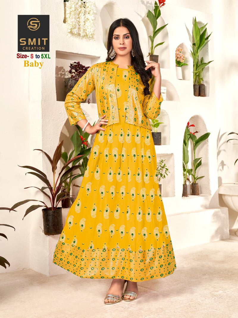 Poonam Designer Baby Rayon With Minakari Foil Prints Gown Style Long Party Wear Kurtis