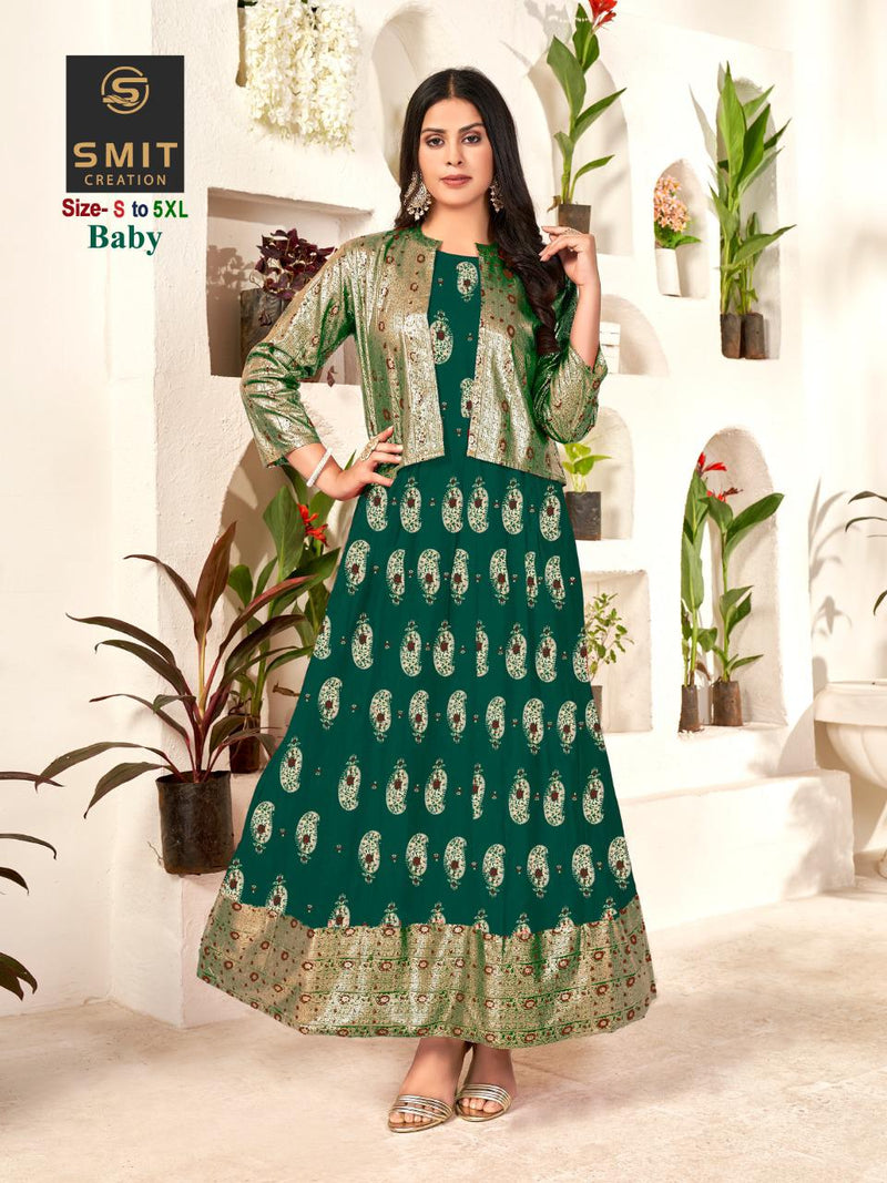 Poonam Designer Baby Rayon With Minakari Foil Prints Gown Style Long Party Wear Kurtis