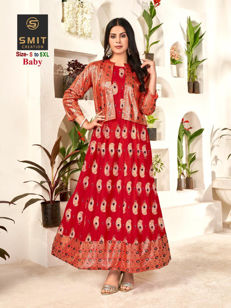 Poonam Designer Baby Rayon With Minakari Foil Prints Gown Style Long Party Wear Kurtis