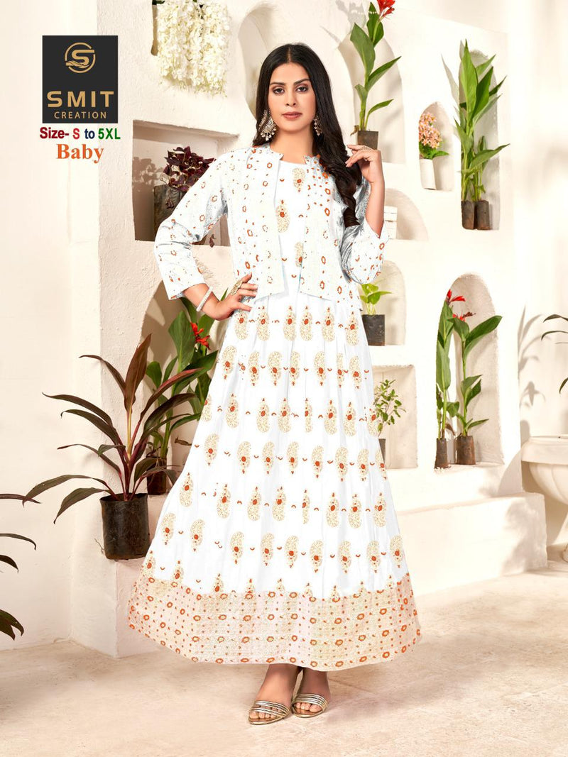 Poonam Designer Baby Rayon With Minakari Foil Prints Gown Style Long Party Wear Kurtis
