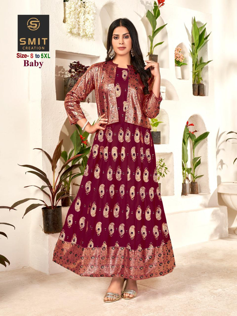 Poonam Designer Baby Rayon With Minakari Foil Prints Gown Style Long Party Wear Kurtis
