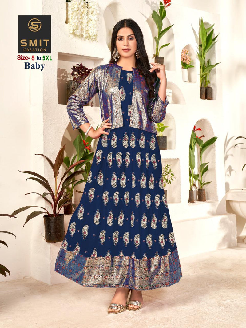 Poonam Designer Baby Rayon With Minakari Foil Prints Gown Style Long Party Wear Kurtis