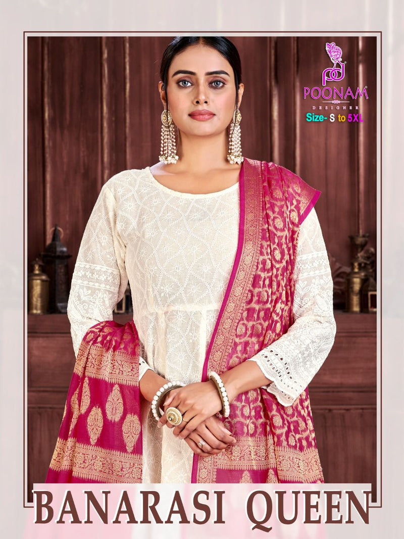 Poonam Designer Banarasi Queen Chicken Cotton Party Wear Kurtis With Bottom & Dupatta