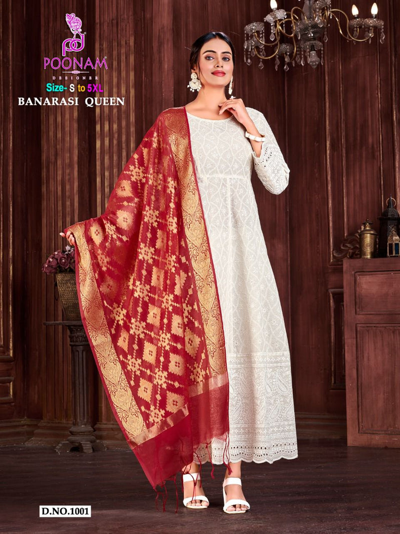 Poonam Designer Banarasi Queen Chicken Cotton Party Wear Kurtis With Bottom & Dupatta