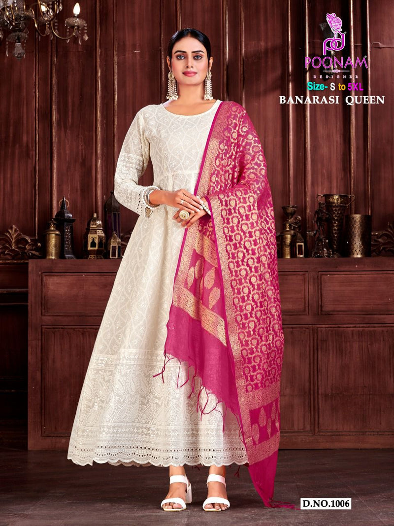 Poonam Designer Banarasi Queen Chicken Cotton Party Wear Kurtis With Bottom & Dupatta