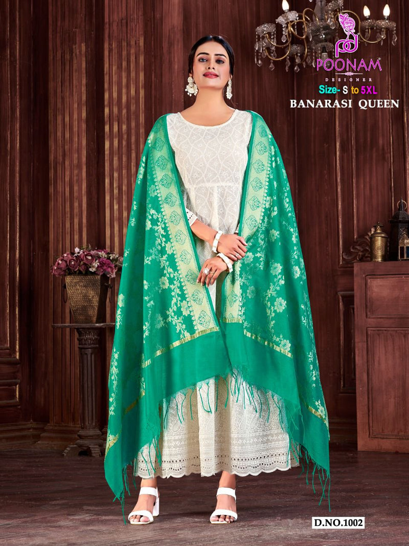 Poonam Designer Banarasi Queen Chicken Cotton Party Wear Kurtis With Bottom & Dupatta