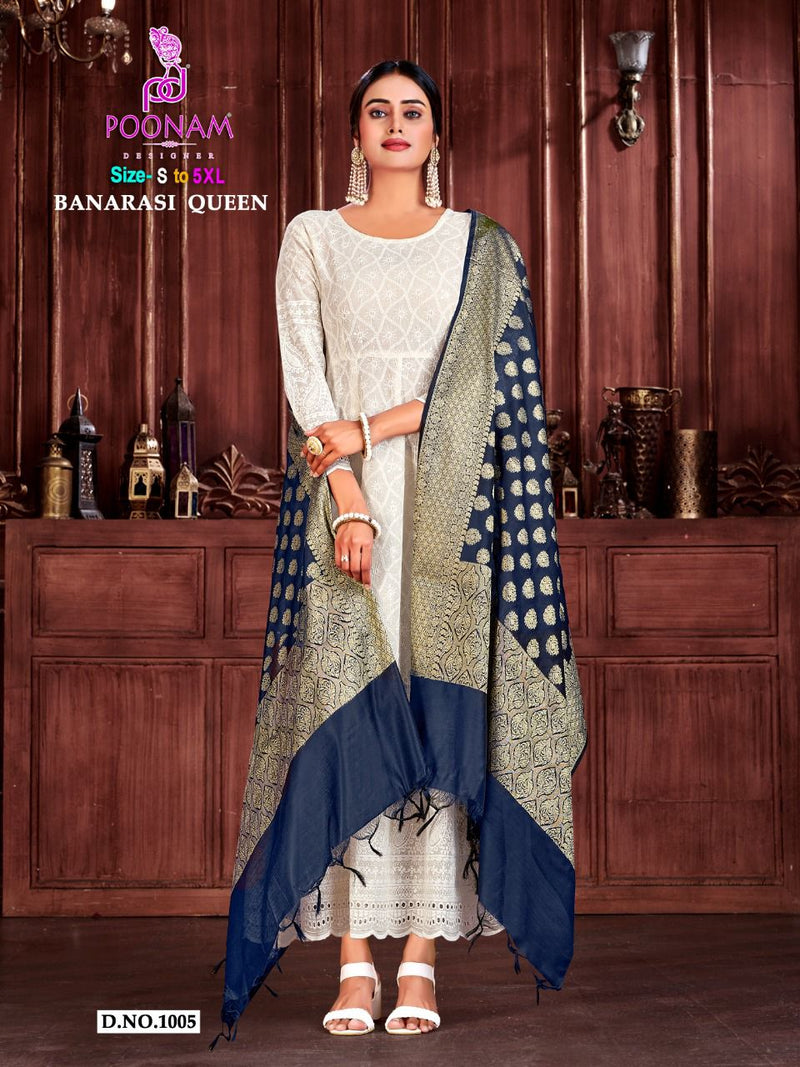 Poonam Designer Banarasi Queen Chicken Cotton Party Wear Kurtis With Bottom & Dupatta