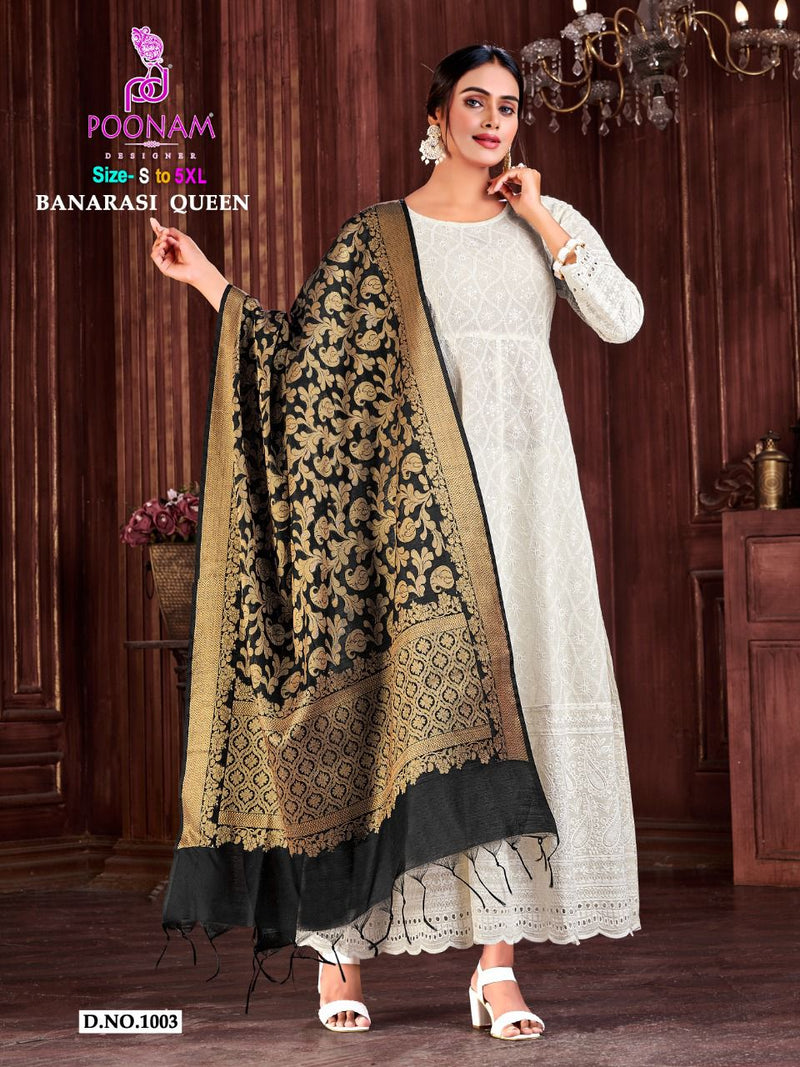 Poonam Designer Banarasi Queen Chicken Cotton Party Wear Kurtis With Bottom & Dupatta