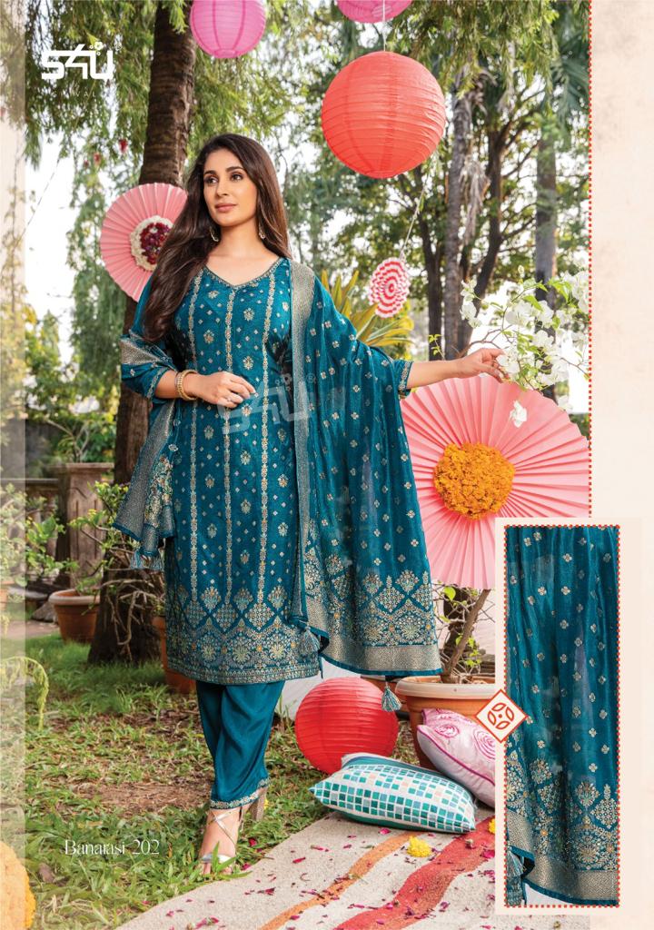 S4u Shivali Banarasi Vol 2 Dola Silk Designer Fancy Party Wear Kurtis With Bottom & Dupatta