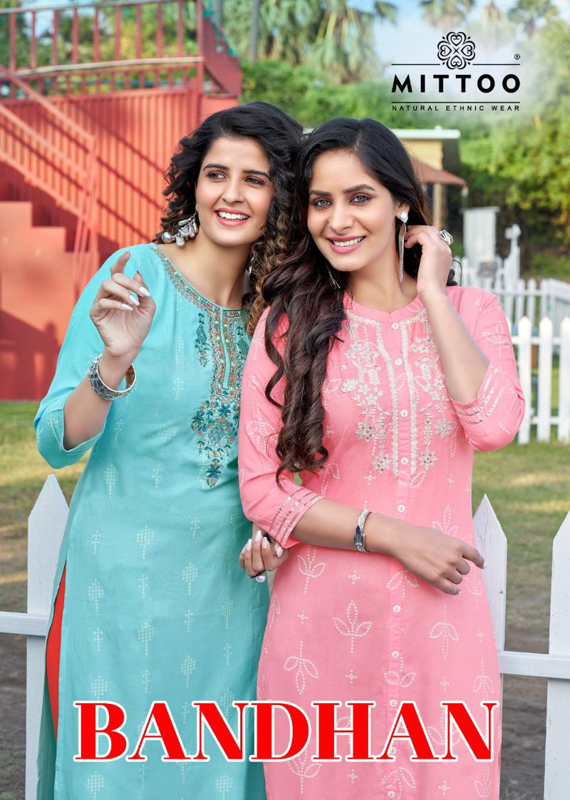 Mittoo Bandhani Printed Rayon Festive Wear Kurtis With Fancy Hand Work  Embroidery