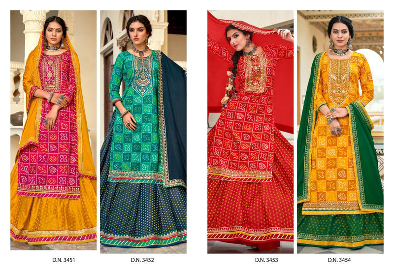 Rangoon Bandhan Rayon Party Wear Combo Sets Of Kurtis With Bandhej Print & Mirror Work Embroidery