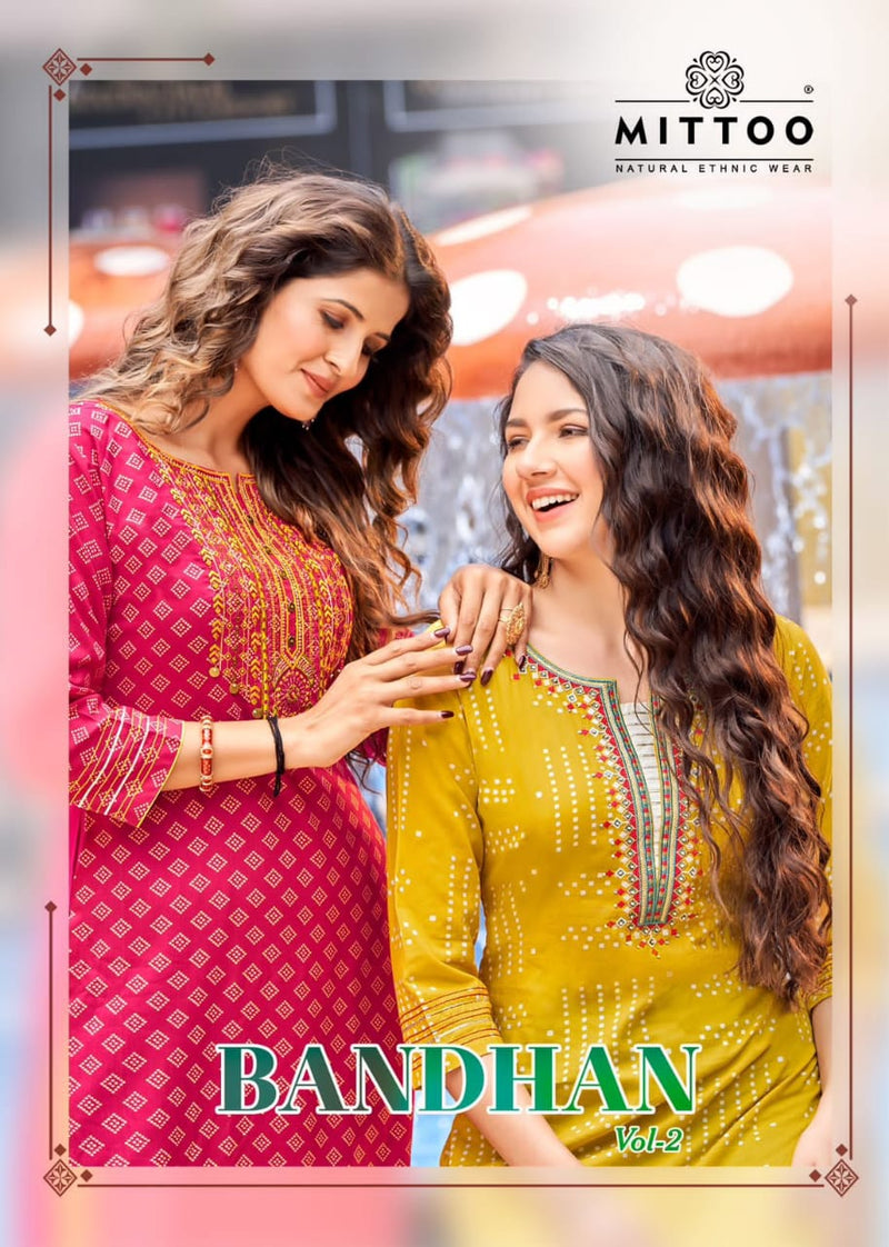 Mittoo Bandhan Vol 2 Rayon Print With Fancy Hand Work Stylish Designer Casual Wear Fancy Kurti