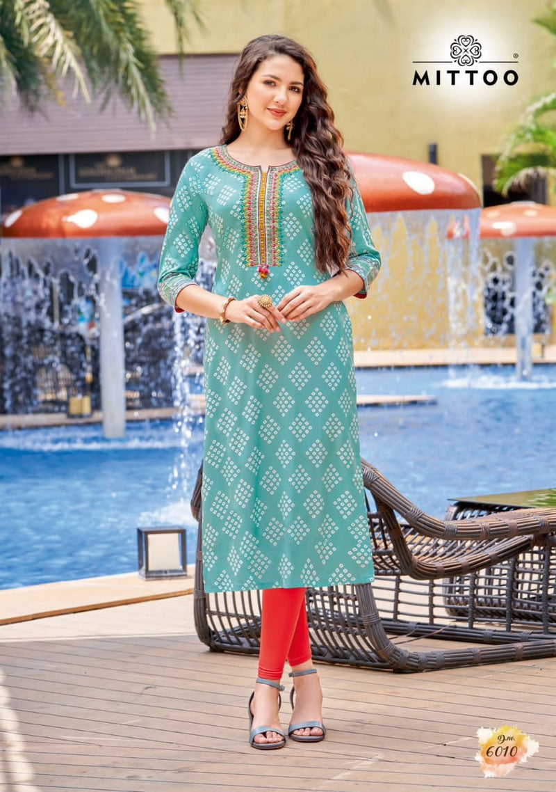 Mittoo Bandhan Vol 2 Rayon Print With Fancy Hand Work Stylish Designer Casual Wear Fancy Kurti