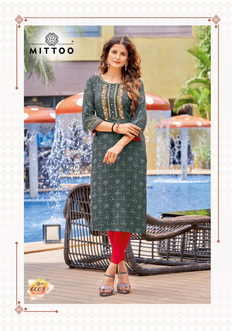 Mittoo Bandhan Vol 2 Rayon Print With Fancy Hand Work Stylish Designer Casual Wear Fancy Kurti