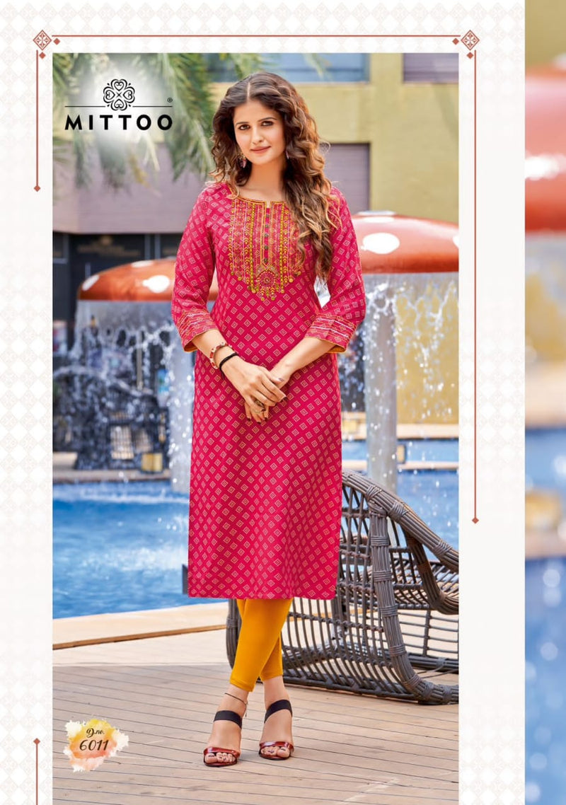 Mittoo Bandhan Vol 2 Rayon Print With Fancy Hand Work Stylish Designer Casual Wear Fancy Kurti