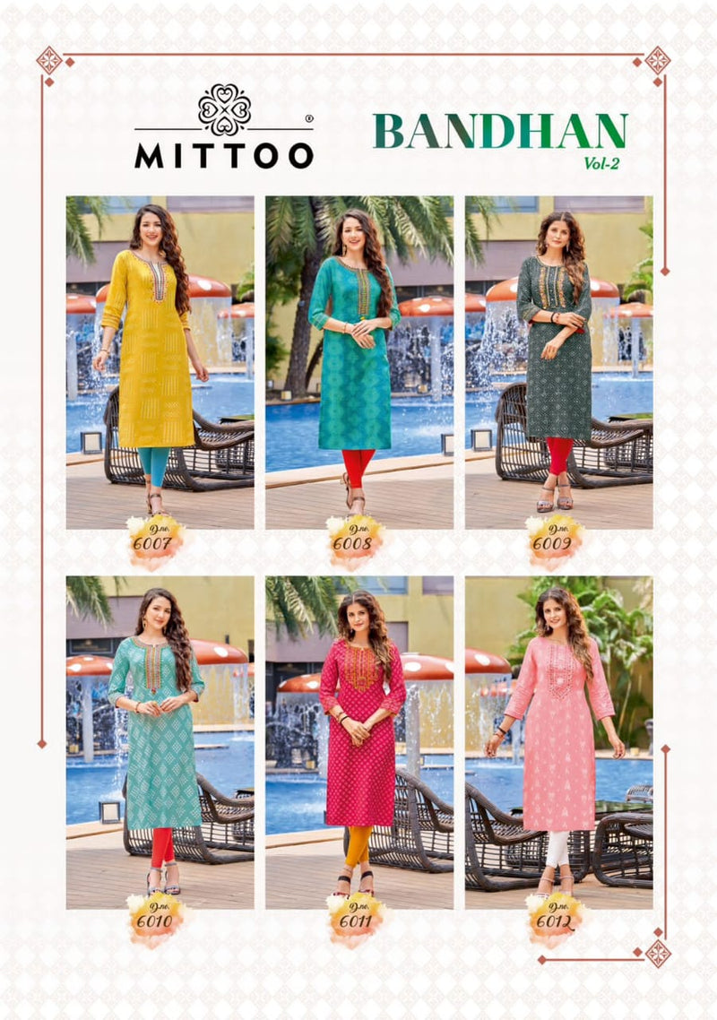 Mittoo Bandhan Vol 2 Rayon Print With Fancy Hand Work Stylish Designer Casual Wear Fancy Kurti