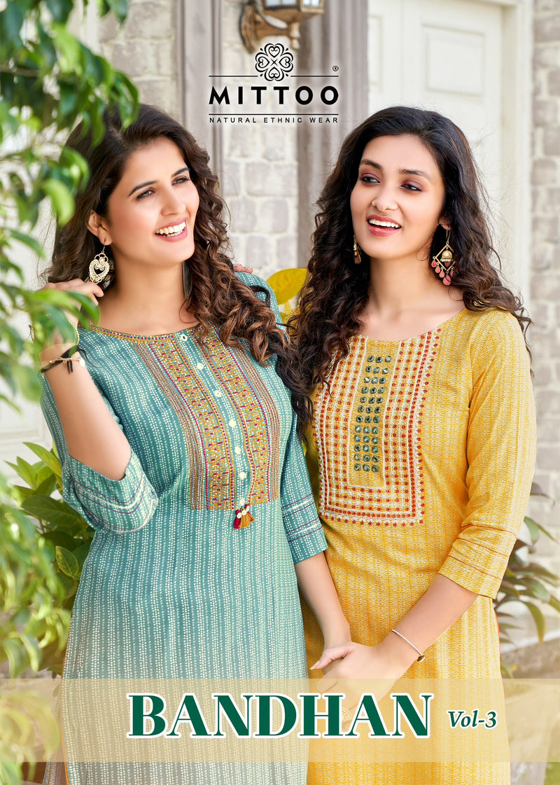 Mittoo Bandhan Vol 3 Rayon Print Work Handwork Printed Designer Kurti