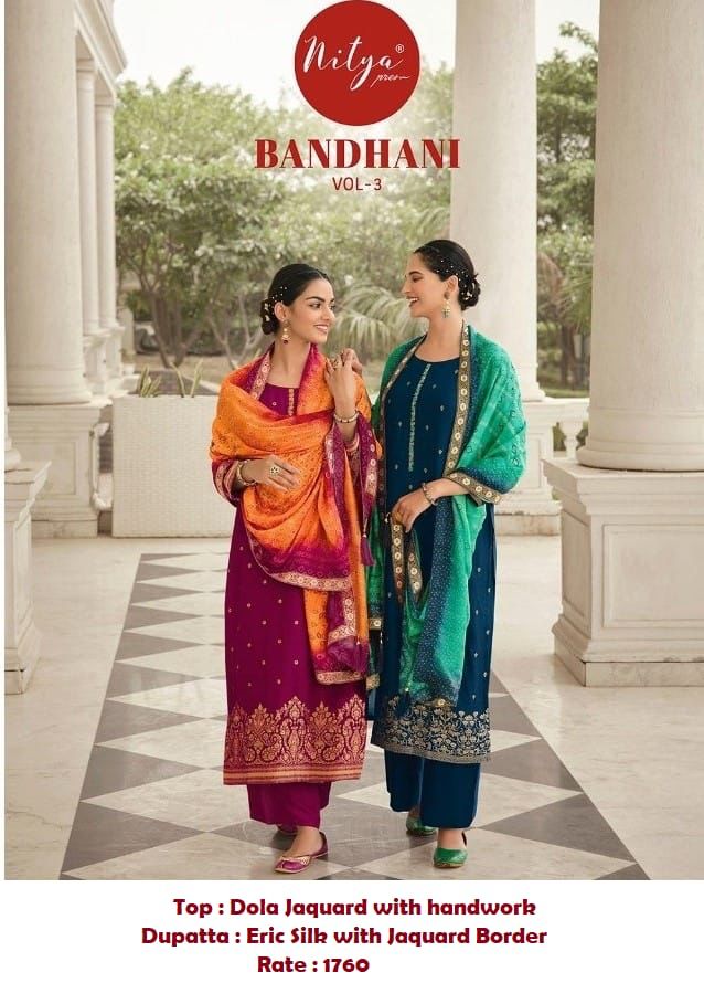 Lt Nitya Bandhni Vol 3 Dola Jacquard With Heavy Embroidery Work Stylish Designer Festive Wear Fancy Salwar Suit