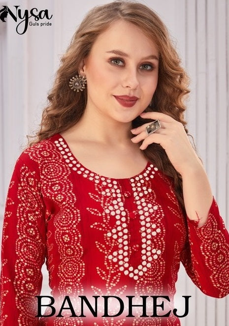 Nysa Bandhej Rayon With Printed Work Stylish Designer Attractive Look Casual Kurti