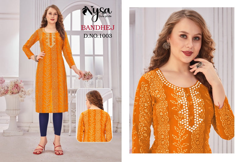 Nysa Bandhej Rayon With Printed Work Stylish Designer Attractive Look Casual Kurti