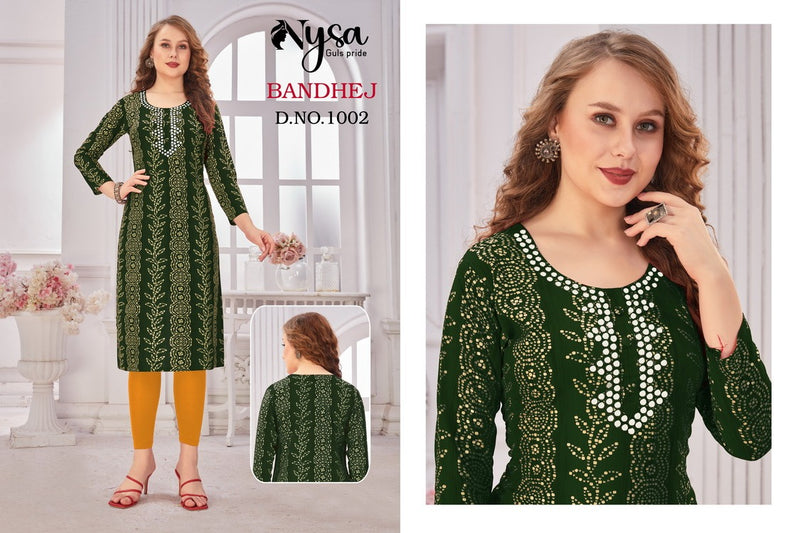 Nysa Bandhej Rayon With Printed Work Stylish Designer Attractive Look Casual Kurti