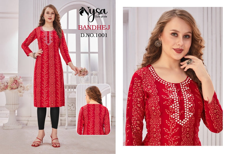 Nysa Bandhej Rayon With Printed Work Stylish Designer Attractive Look Casual Kurti