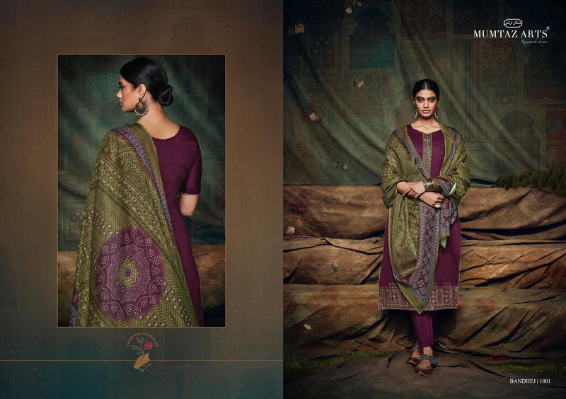 Mumtaz Arts Bandhej Jam Satin Fancy Stylish Party Wear Salwar Suits