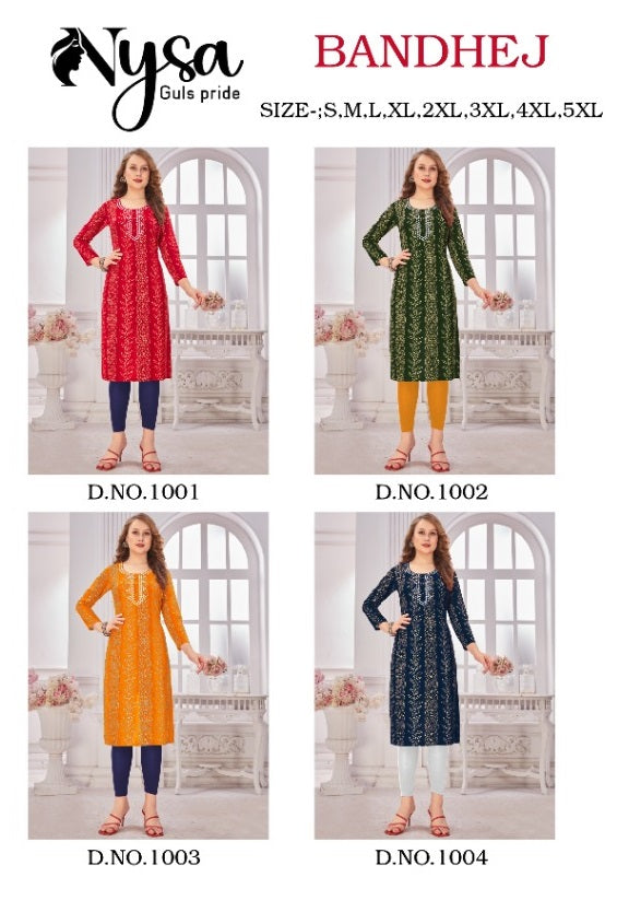 Nysa Bandhej Rayon With Printed Work Stylish Designer Attractive Look Casual Kurti