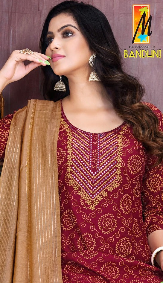 Master Bandhni Rayon With Printed Work Stylish Designer Casual Look Festive Wear Kurti
