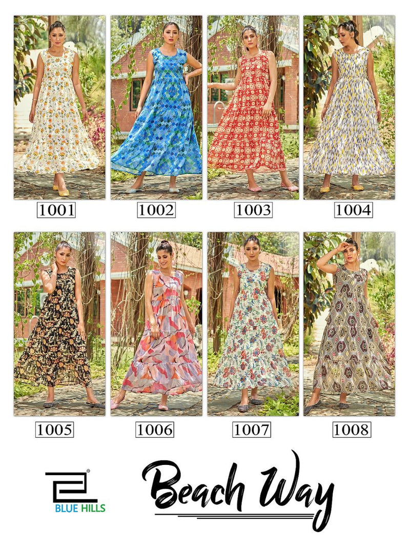 Blue Hills Beach Way Georgette Digital Printed Fancy Gown Style Long Kurtis