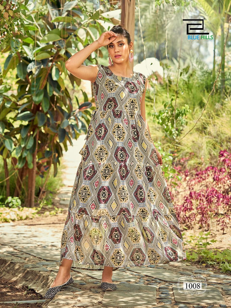 Blue Hills Beach Way Georgette Digital Printed Fancy Gown Style Long Kurtis