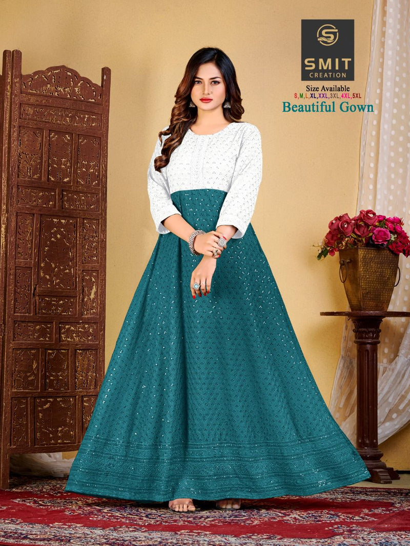 Poonam Designer Beautiful Gown Fancy Fabric With Chicken Work Party Wear Gown Style Kurtis
