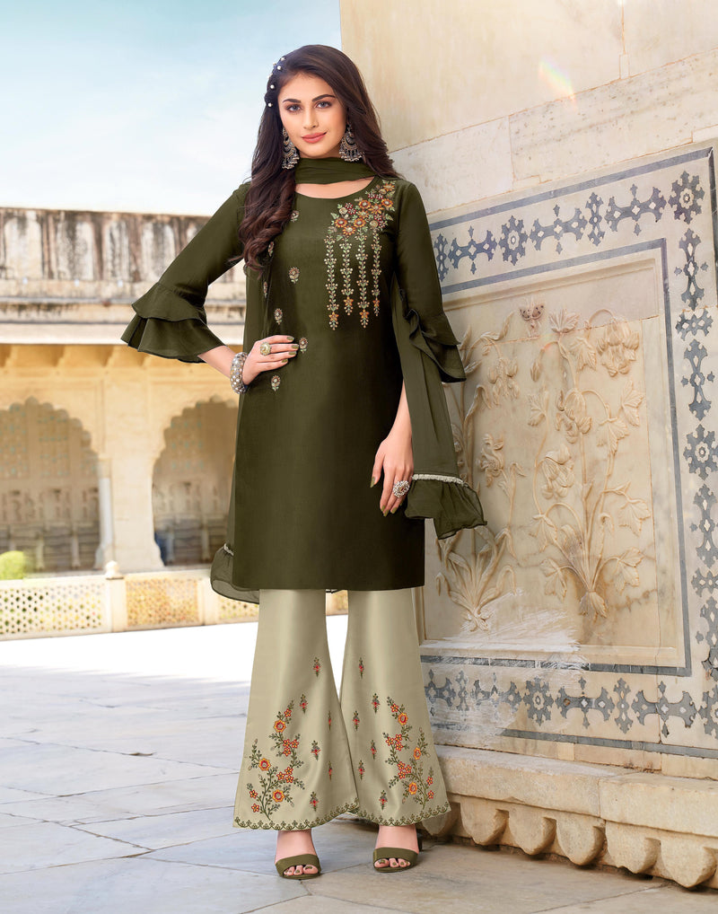 Anju Fabrics Bell Bottom Bamber Silk Party Wear Kurtis With Bottom Pants & Dupatta