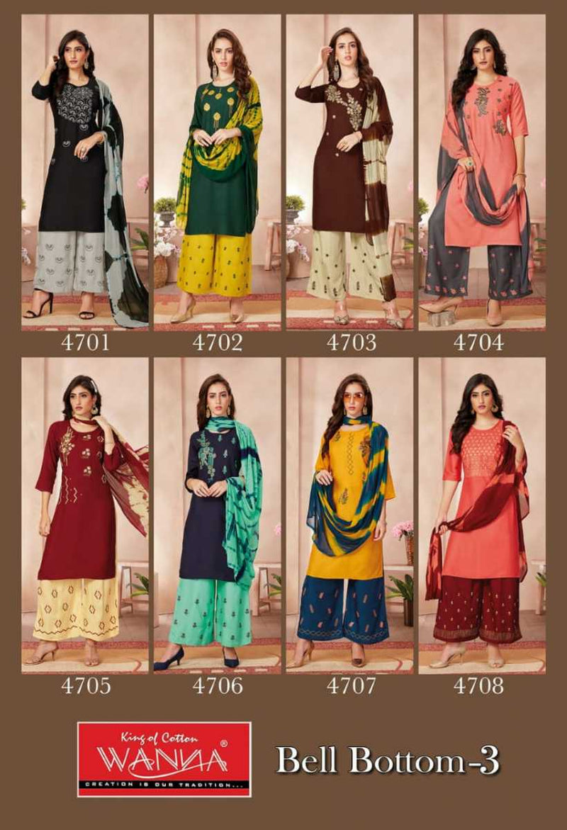 Wanna Bell Bottom Vol 3 Rayon Embroidered Party Wear Kurtis With Set Of Bottom & Dupatta