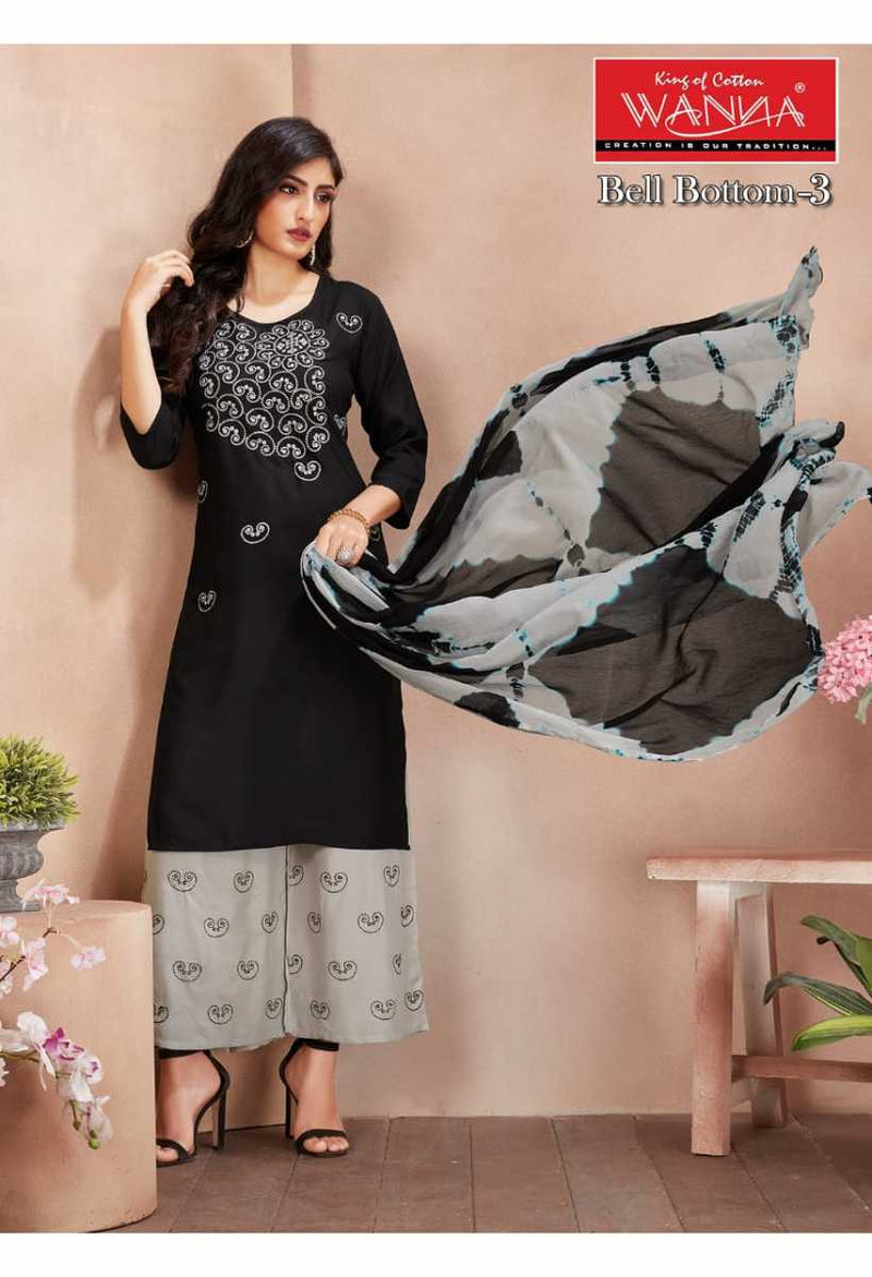 Wanna Bell Bottom Vol 3 Rayon Embroidered Party Wear Kurtis With Set Of Bottom & Dupatta