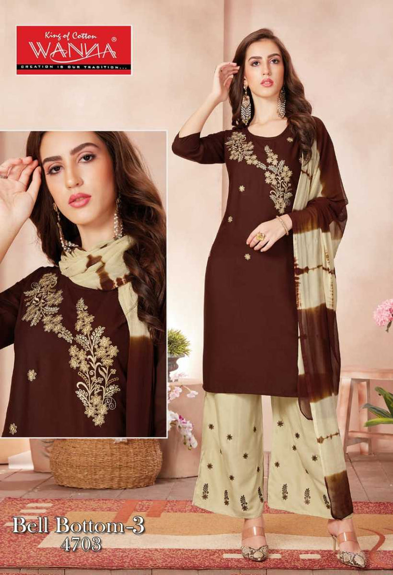 Wanna Bell Bottom Vol 3 Rayon Embroidered Party Wear Kurtis With Set Of Bottom & Dupatta