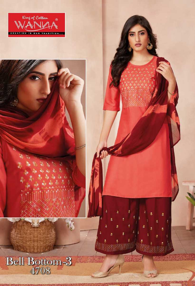 Wanna Bell Bottom Vol 3 Rayon Embroidered Party Wear Kurtis With Set Of Bottom & Dupatta