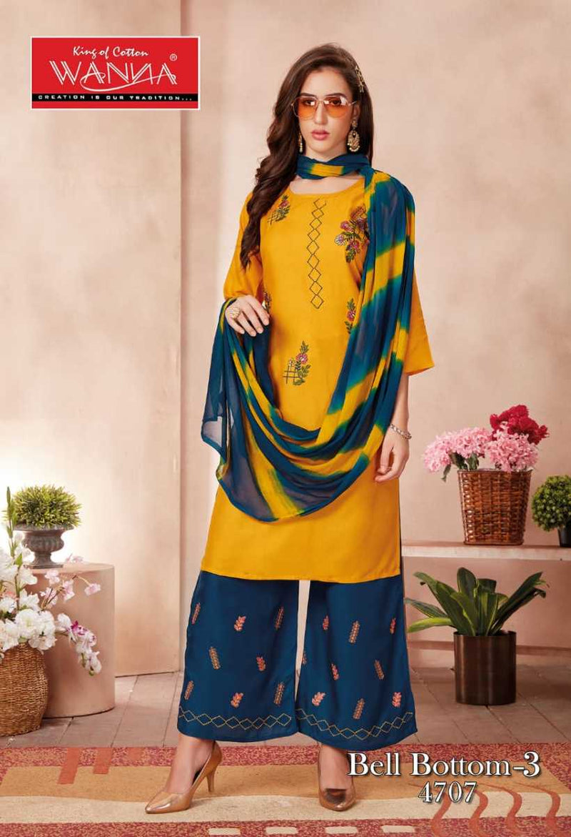 Wanna Bell Bottom Vol 3 Rayon Embroidered Party Wear Kurtis With Set Of Bottom & Dupatta