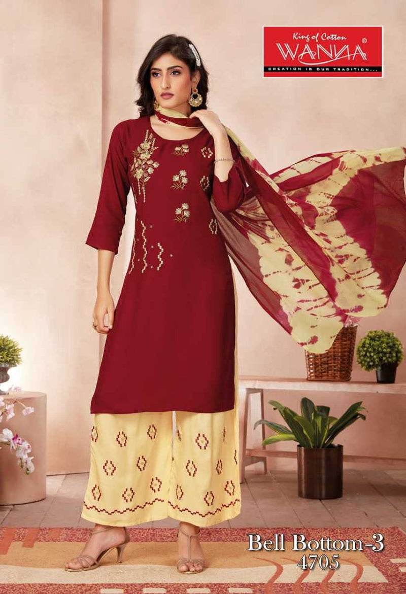 Wanna Bell Bottom Vol 3 Rayon Embroidered Party Wear Kurtis With Set Of Bottom & Dupatta