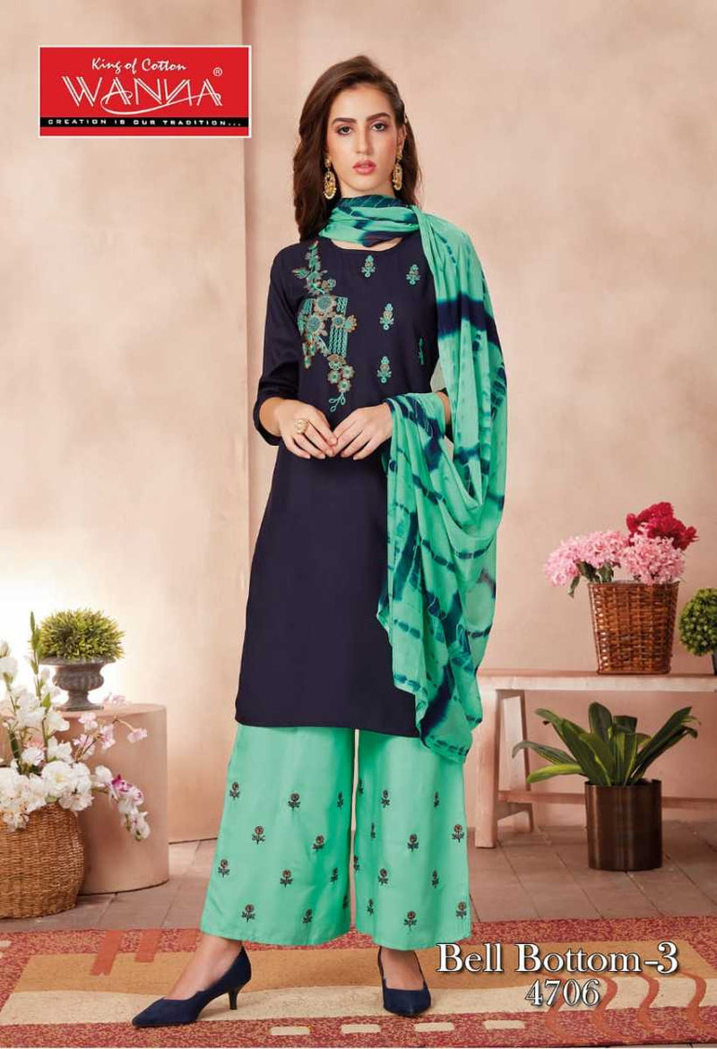 Wanna Bell Bottom Vol 3 Rayon Embroidered Party Wear Kurtis With Set Of Bottom & Dupatta