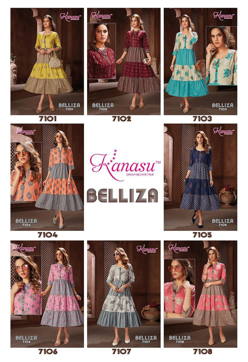 Kanasu Kurti Belliza Rayon Capsule Printed Long Party Wear 3 Layers Ready Made Kurtis