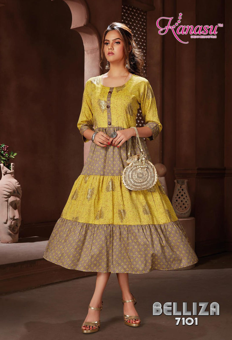 Kanasu Kurti Belliza Rayon Capsule Printed Long Party Wear 3 Layers Ready Made Kurtis