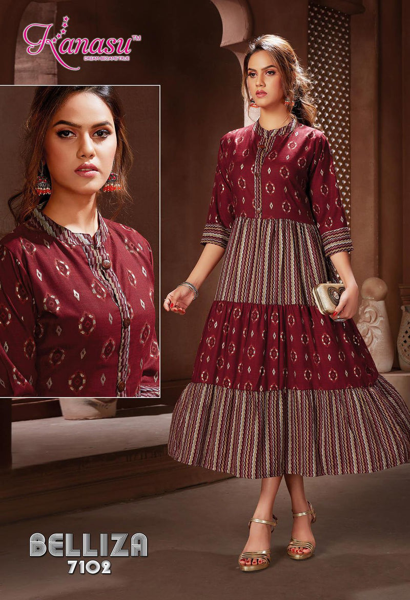 Kanasu Kurti Belliza Rayon Capsule Printed Long Party Wear 3 Layers Ready Made Kurtis