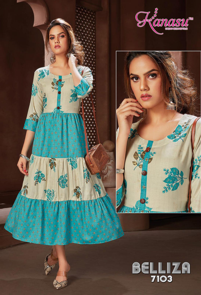 Kanasu Kurti Belliza Rayon Capsule Printed Long Party Wear 3 Layers Ready Made Kurtis