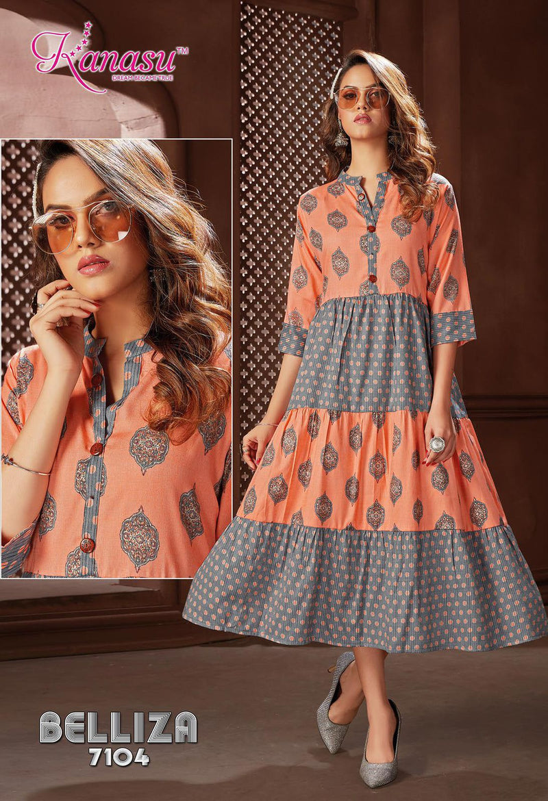 Kanasu Kurti Belliza Rayon Capsule Printed Long Party Wear 3 Layers Ready Made Kurtis