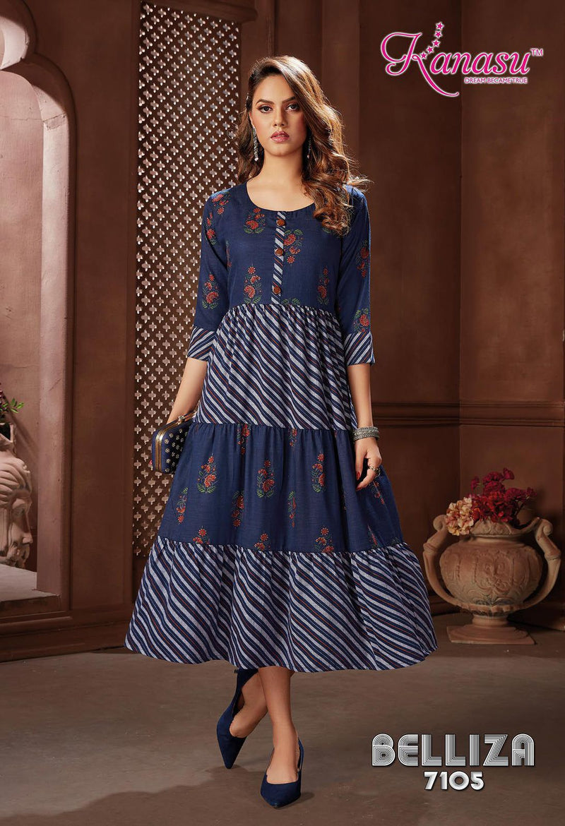 Kanasu Kurti Belliza Rayon Capsule Printed Long Party Wear 3 Layers Ready Made Kurtis
