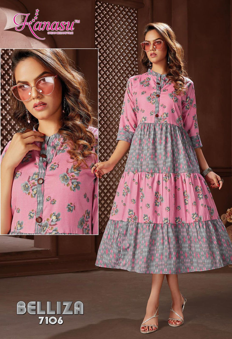 Kanasu Kurti Belliza Rayon Capsule Printed Long Party Wear 3 Layers Ready Made Kurtis