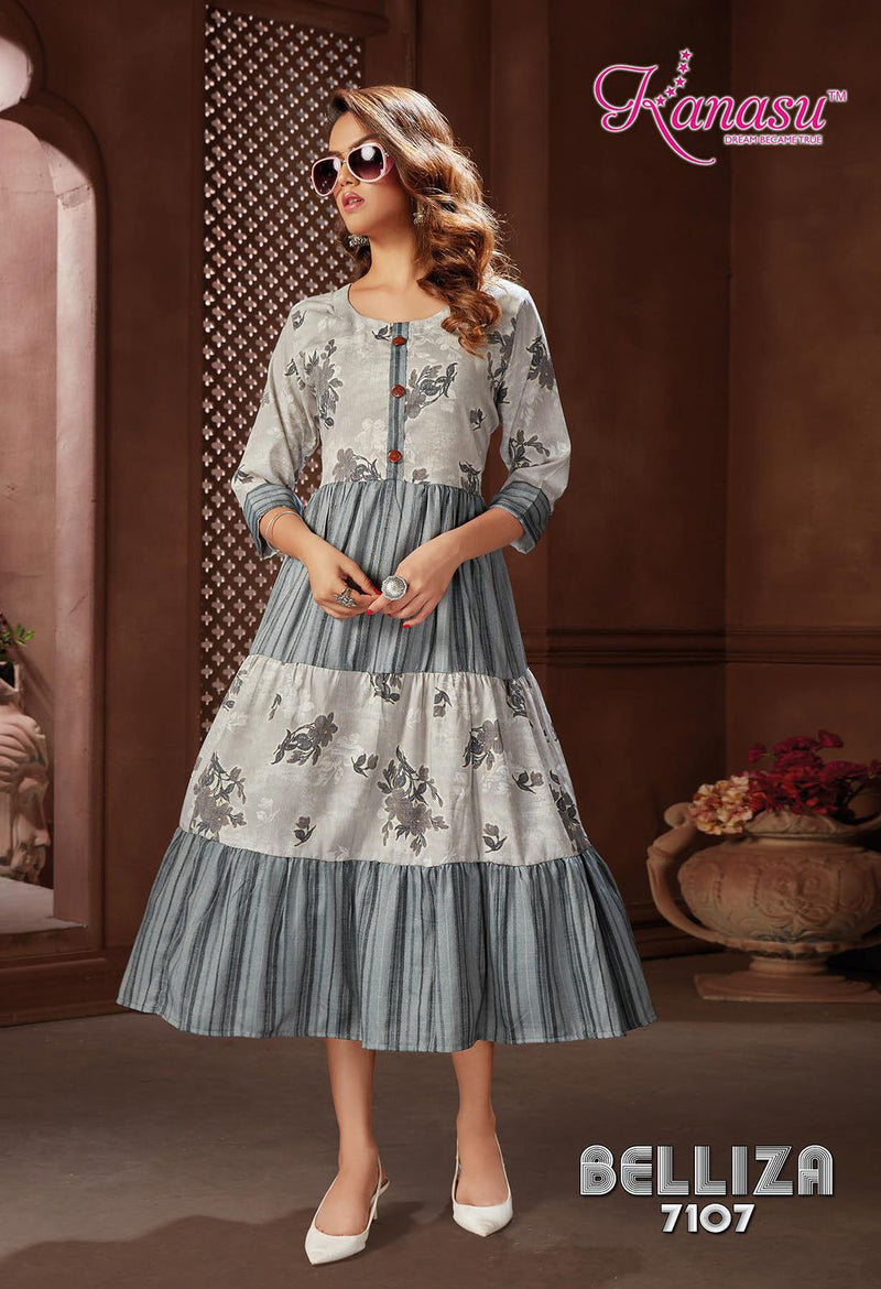 Kanasu Kurti Belliza Rayon Capsule Printed Long Party Wear 3 Layers Ready Made Kurtis