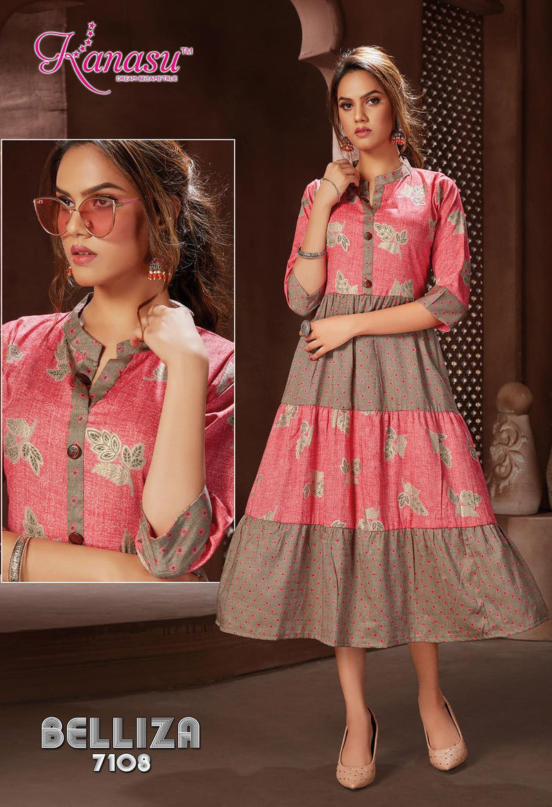 Kanasu Kurti Belliza Rayon Capsule Printed Long Party Wear 3 Layers Ready Made Kurtis