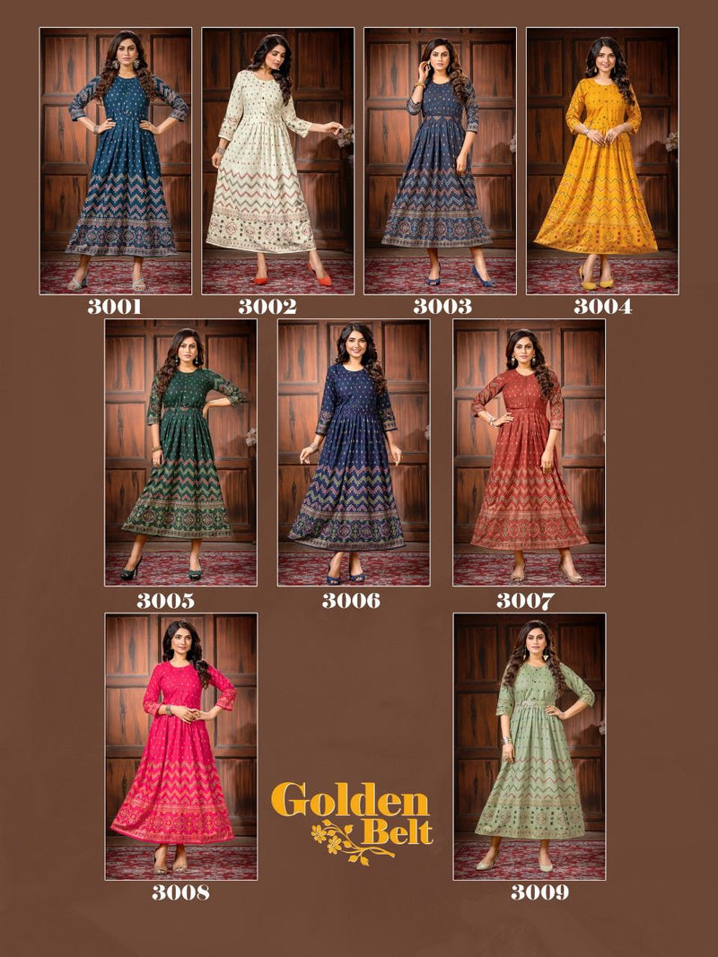 Golden Belt Rayon Foil Printed Fancy Gown Style Party Wear Kurtis
